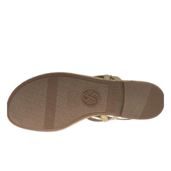 Sam & Libby Womens 7 M Thong Logo Sandals Adjustable T Strap Flats Tan Gold - Picture 5 of 7